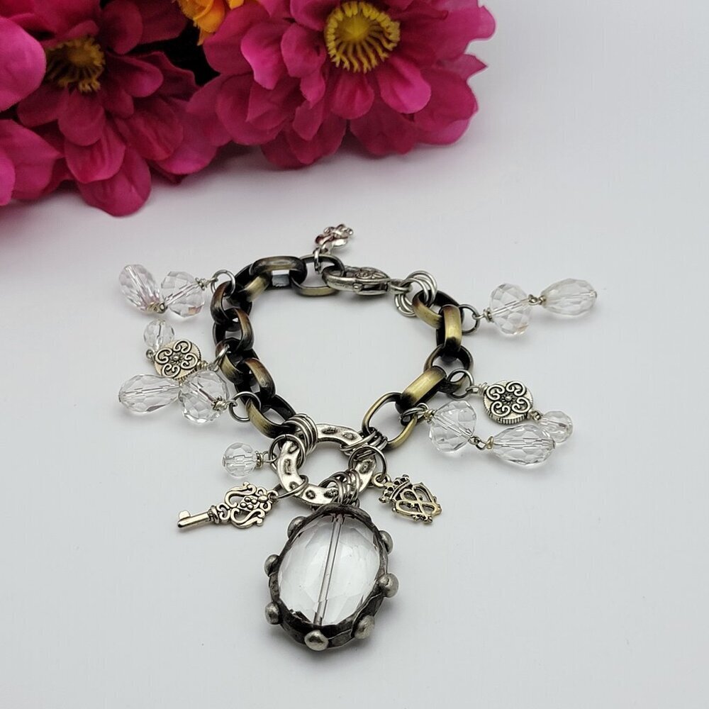 Vintage Charm Bracelet Brass And Silver Tone Key Faceted Glass 8" Adjustable